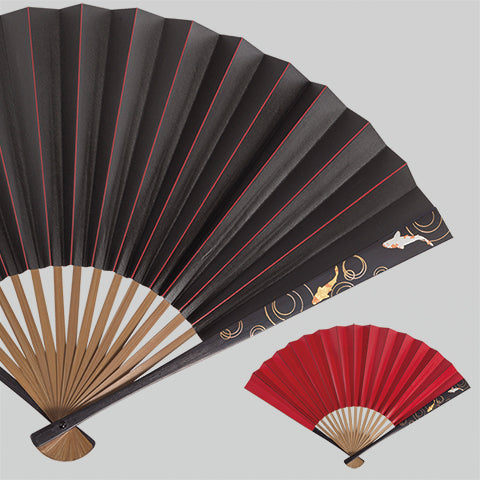 Japanese gold leaf ,Persimmon tannin side lacquer fan, Carp design (Black & Red)