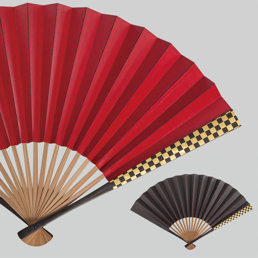 Japanese gold leaf ,Persimmon tannin side lacquer fan, Checkered (red and black)