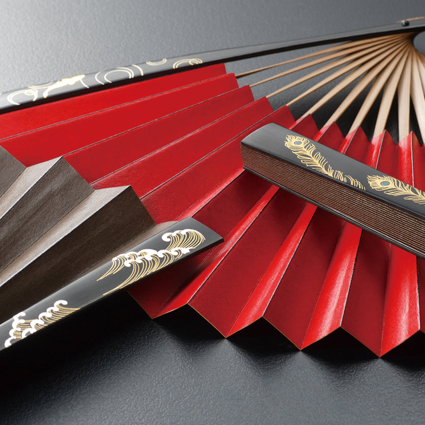 Japanese gold leaf ,Persimmon tannin side lacquer fan, Peafowl design (Green & Brown)