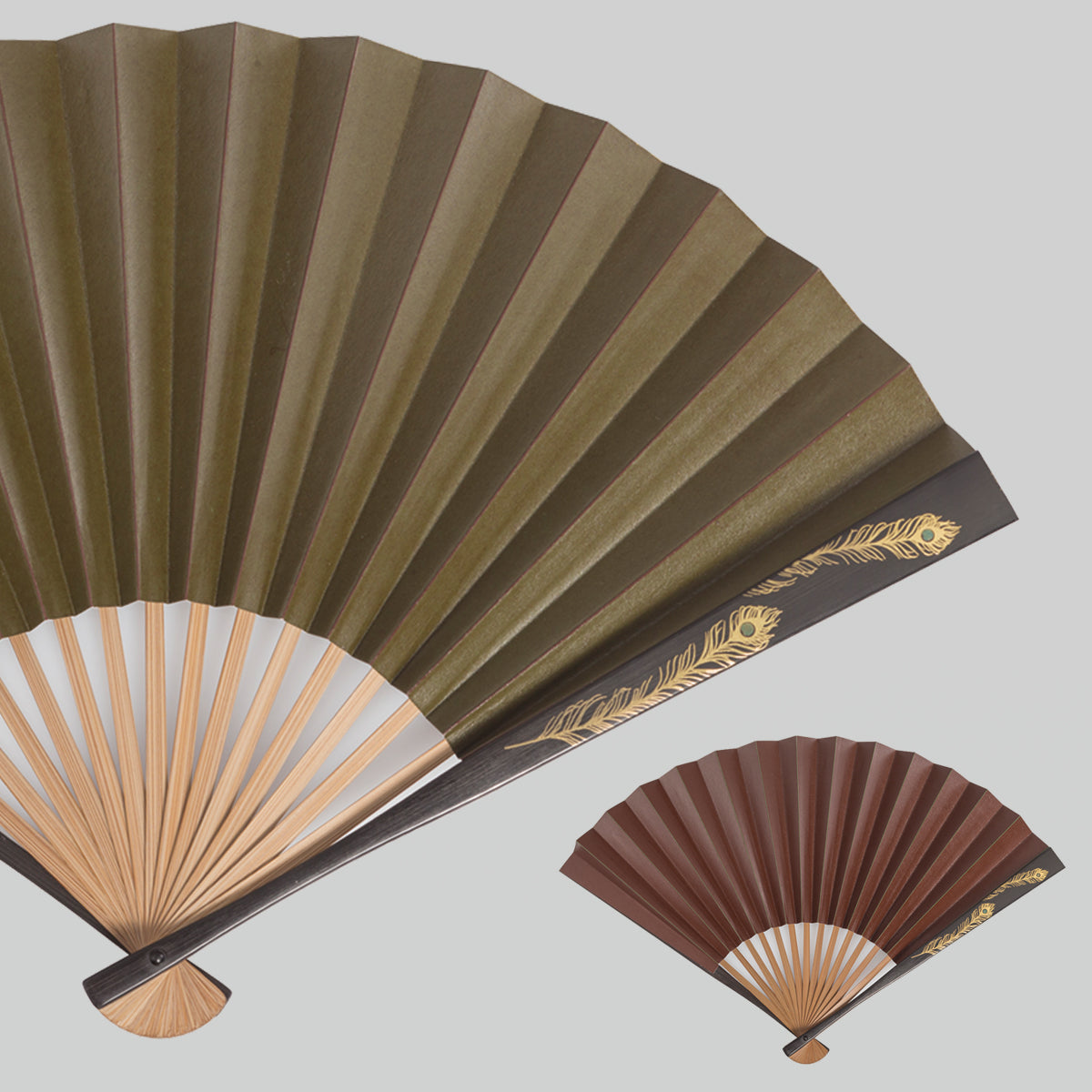 Japanese gold leaf ,Persimmon tannin side lacquer fan, Peafowl design (Green & Brown)