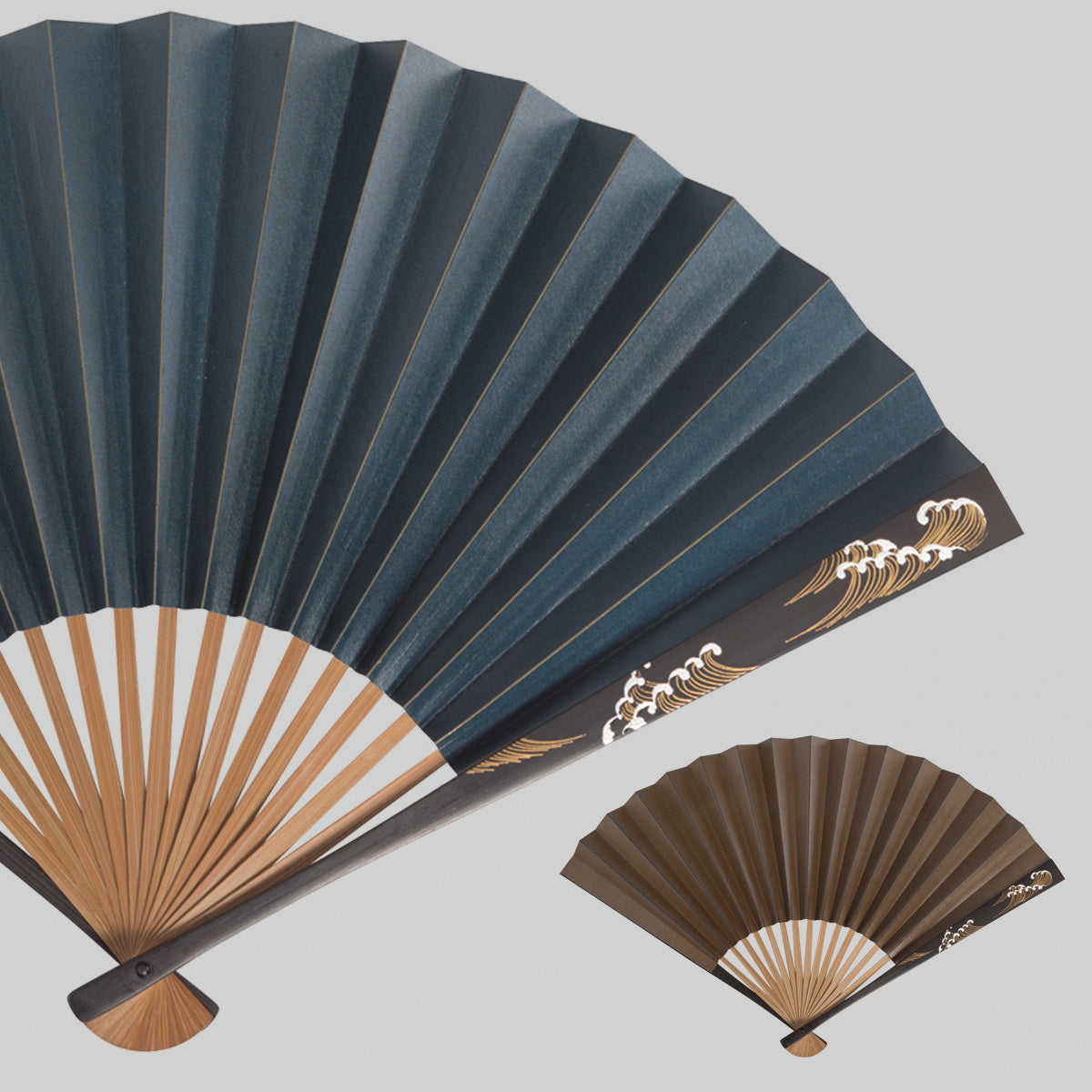 Japanese gold leaf ,Persimmon tannin side lacquer fan, Wave (navy blue brown)