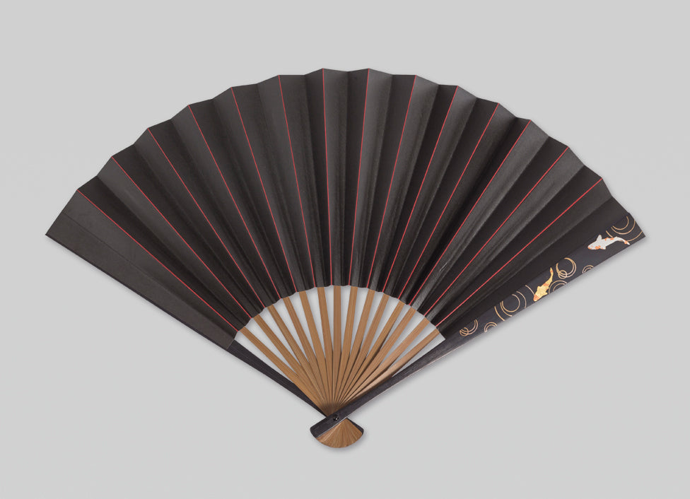 Japanese gold leaf ,Persimmon tannin side lacquer fan, Carp design (Black & Red)