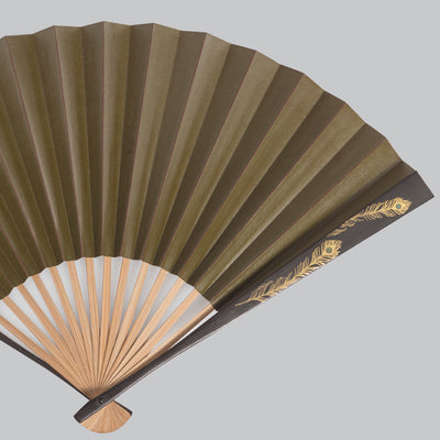 Japanese gold leaf ,Persimmon tannin side lacquer fan, Peafowl design (Green & Brown)