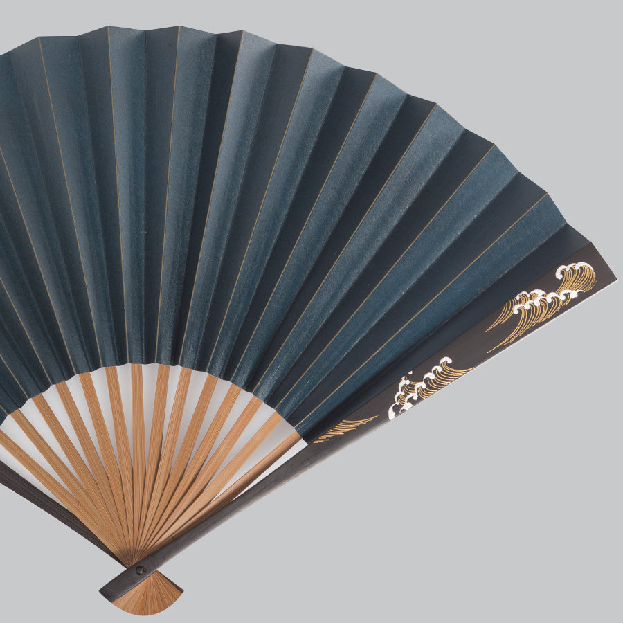 Japanese gold leaf ,Persimmon tannin side lacquer fan, Wave (navy blue brown)