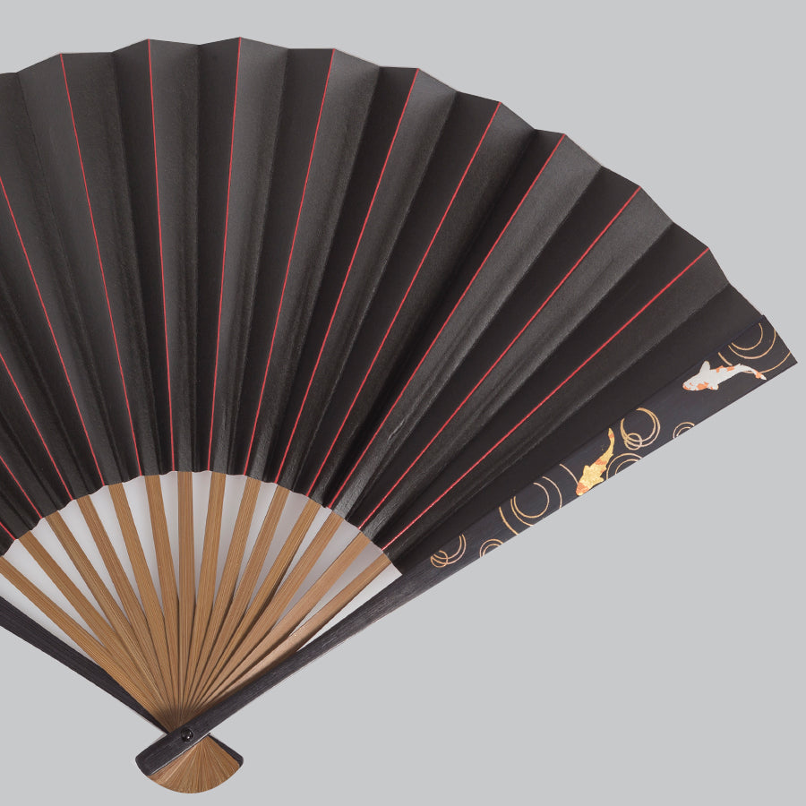 Japanese gold leaf ,Persimmon tannin side lacquer fan, Carp design (Black & Red)